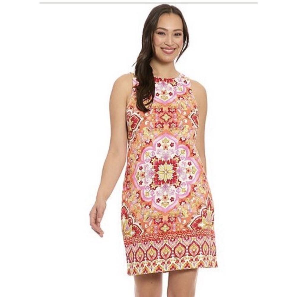 London Times Women’s 16 Pink red Floral Sleeveless Shift Dress wedding guest NWT